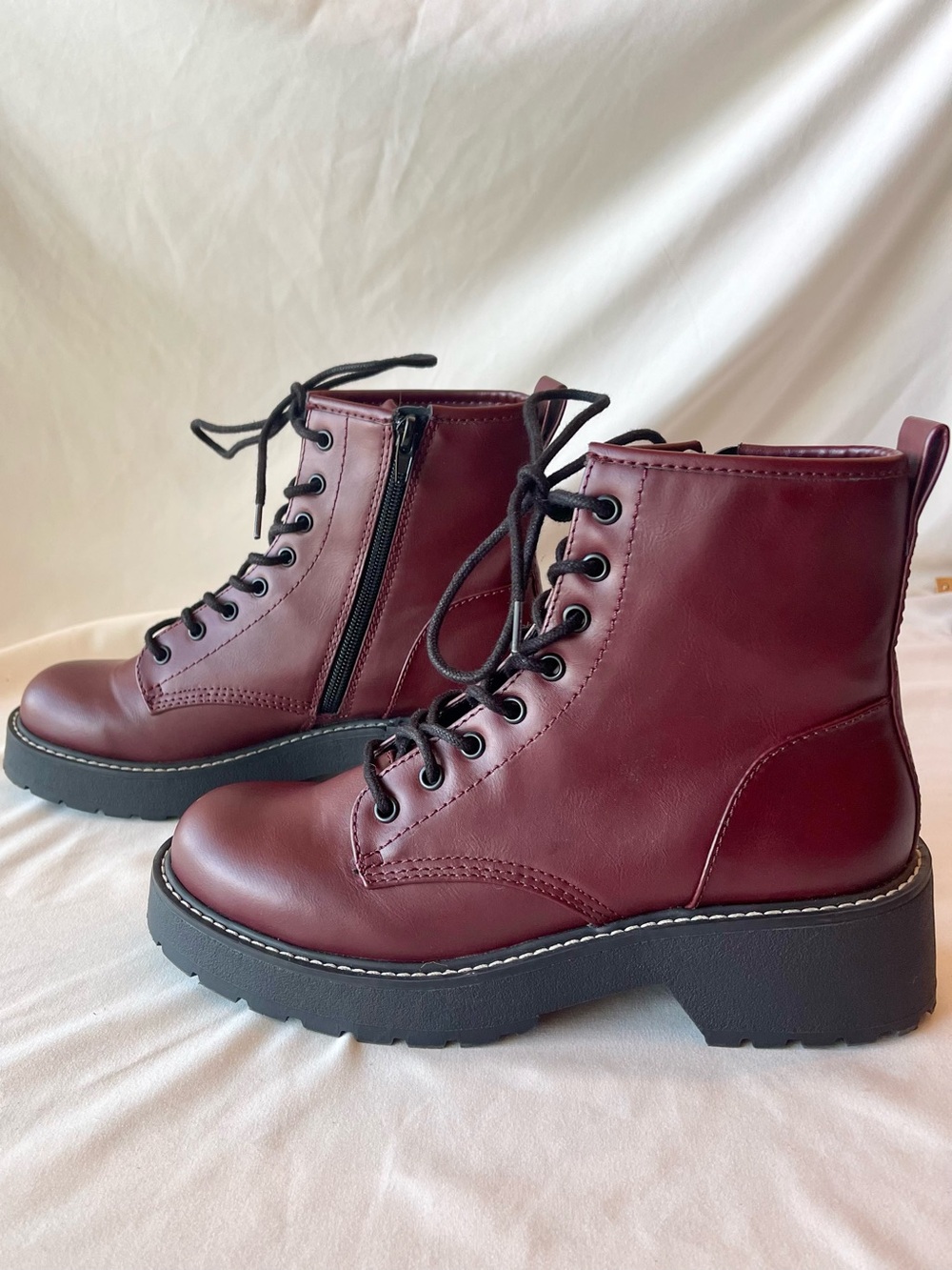 Madden Girl Burgundy Lace-Up Side Zipper Chunky Combat Boots